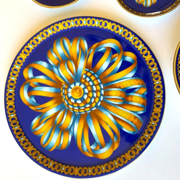 RARE VINTAGE HERMÈS COCARDE DE SOIE COMPLETE 6 PIECE PLACE SETTING - Picture 10 of 11